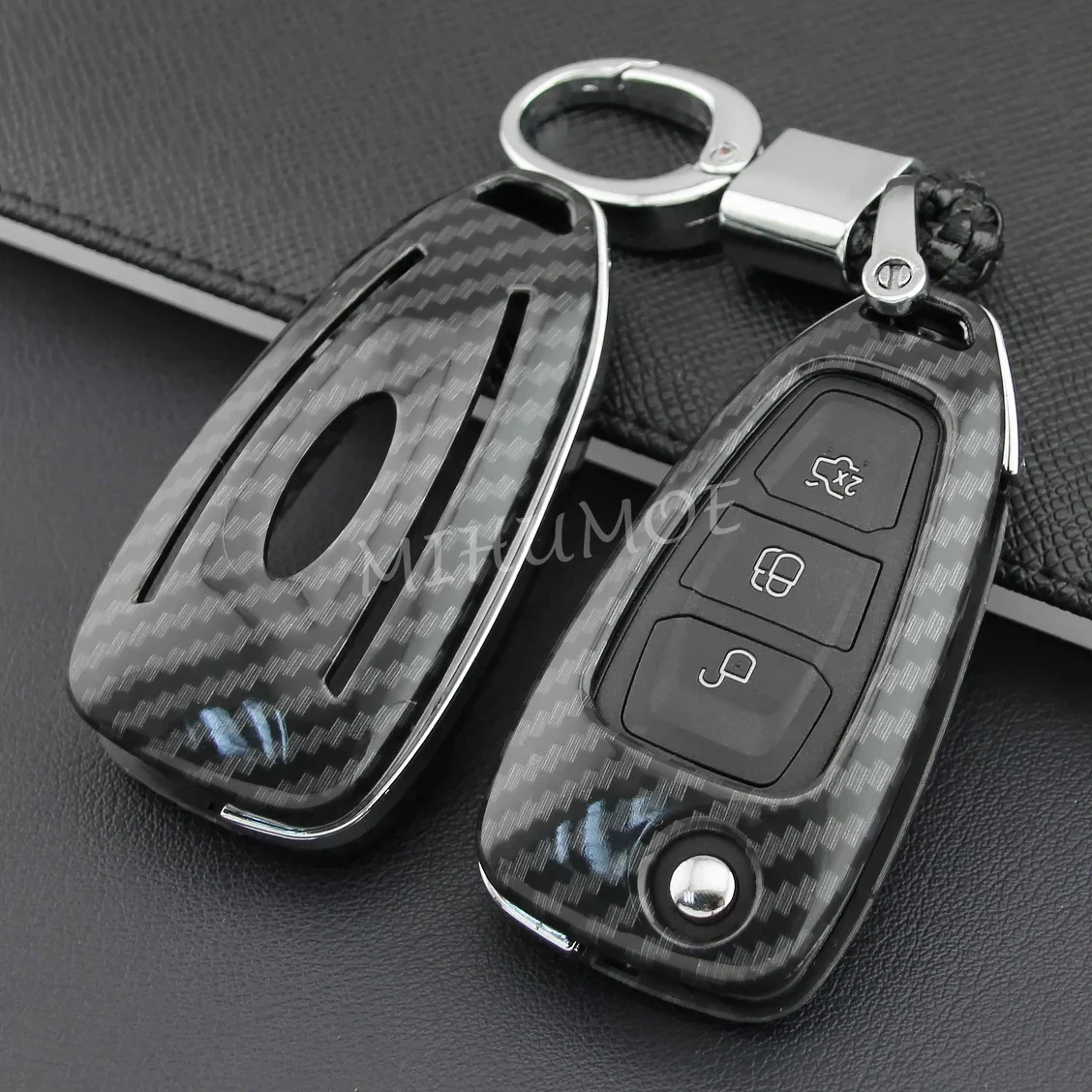 Dla 2012-2019 Ford Focus Escape Kuga Carbon Fiber Car Flip Key Fob Cover Case Chain Ring Shell Akcesoria