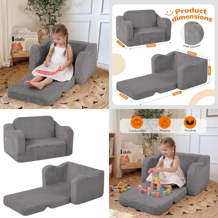 

Toddler Chair Comfy for 1-3 Years Old, Corduroy Couch Bed Fold Out, 2-in-1 Foldable Baby Lounge Chair, Pull Out Sofa Bed