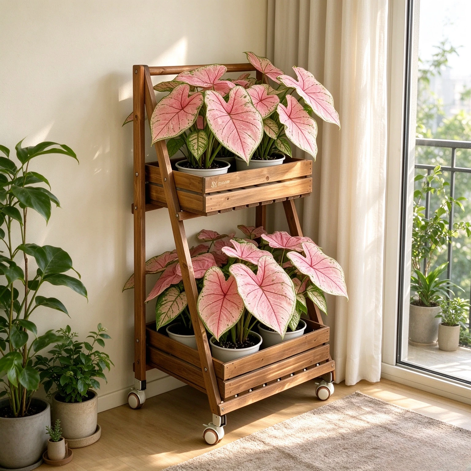 Nordic Inspired Multi Tier Wooden Plant Stand with Wheels, Rolling Flower Pot Display Shelf for Balcony, Living Room and Garden