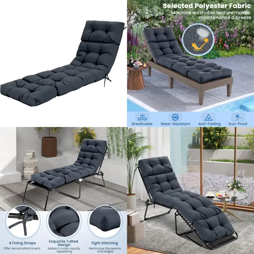 

Outdoor High Back Recliner Cushion, 73 x 22 Patio Lounge Cushion with 4 String Ties, 4 Thick Padding, Comfortable Relaxation Are