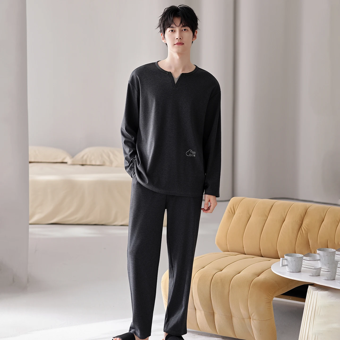 Men pajamas set spring autumn long sleeve 2 pieces sets full pure cotton solid color sleeping clothes v collar pijamas hombre4XL