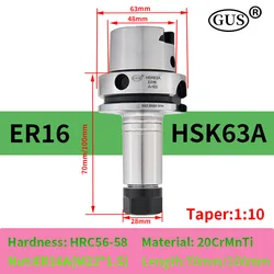 HSK63A High precision tool holder ER16 ER20 ER25 ER32 ER40 CNC Spindle Collet chuck Five axis machine tools 0.002mm Knife handle