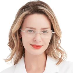 Anti Blue Light Reading Glasses for Women Frameless Silver Polygonal Presbyopia Glasses Computer Readers Elegant Metal Boundless