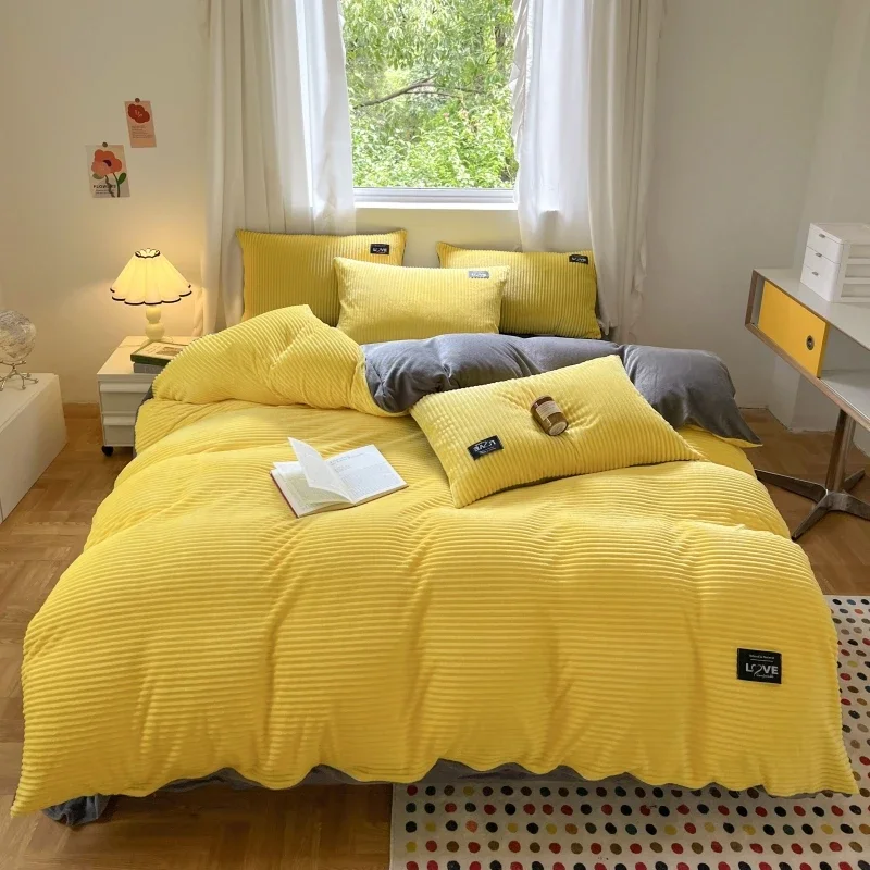 

120/150/180CM Lemon Yellow Coral Velvet Warm Bed Sheet Duvet Cover Pillowcase Four-piece Winter Bedding Set M035-8