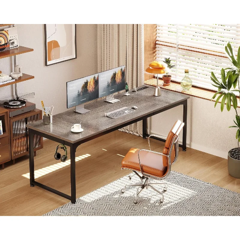 71 x 24 Inch Computer Desk with USB Ports, Large Office Desk, Long Study Student Writing Desk, Grey Oak