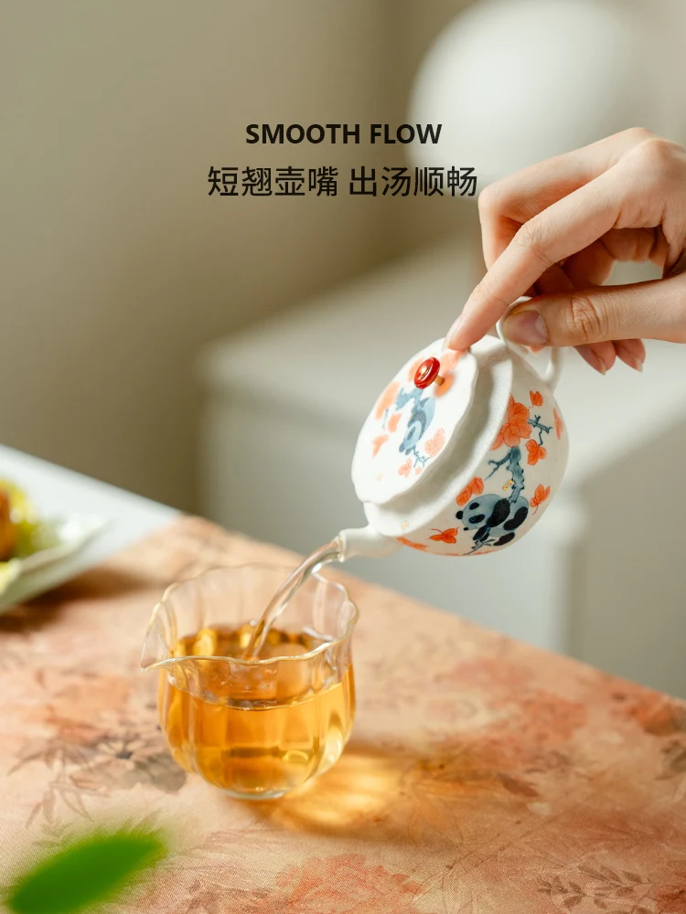 Household Teapot Hand Painted Maple Leaf Panda Good-looking Rock Mine White for One Person Anti-Scald Set
