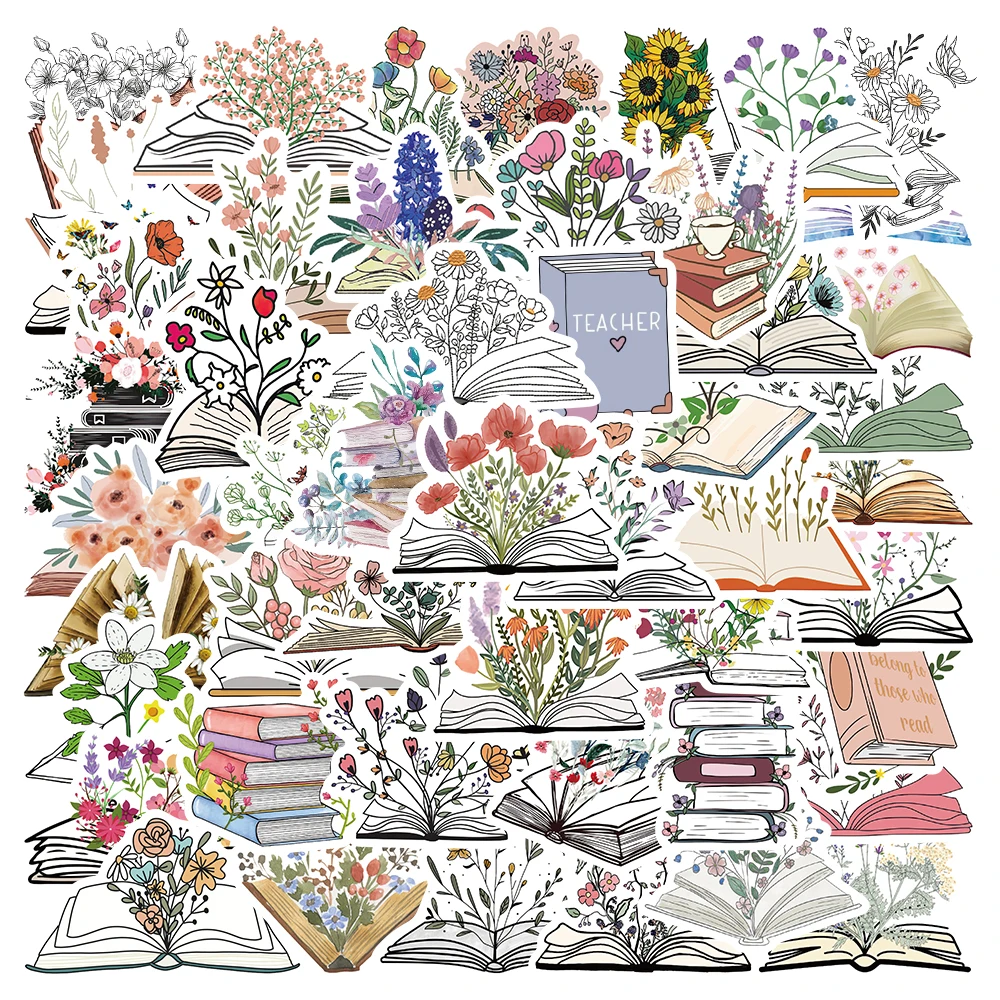 50pcs Flower In Book Stickers Colorful Aesthetic DIY Graffiti Decals For Laptop Luggage Skateboard Scrapbook Waterproof Sticker