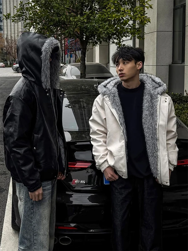 

Wolf King Fur Collar ort Cotton Jaet Men's Warmth Winter Cold Resistant PU Leather Cotton Coat Hooded CleanFit Youth Sle