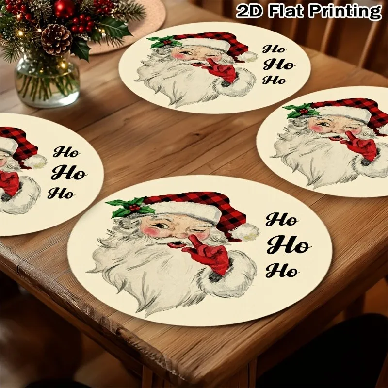 VIKAMA Linen Oval Placemat, Vintage Winking Santa Claus, Washable Stain Resistant Easy Clean, Christmas Table Decor