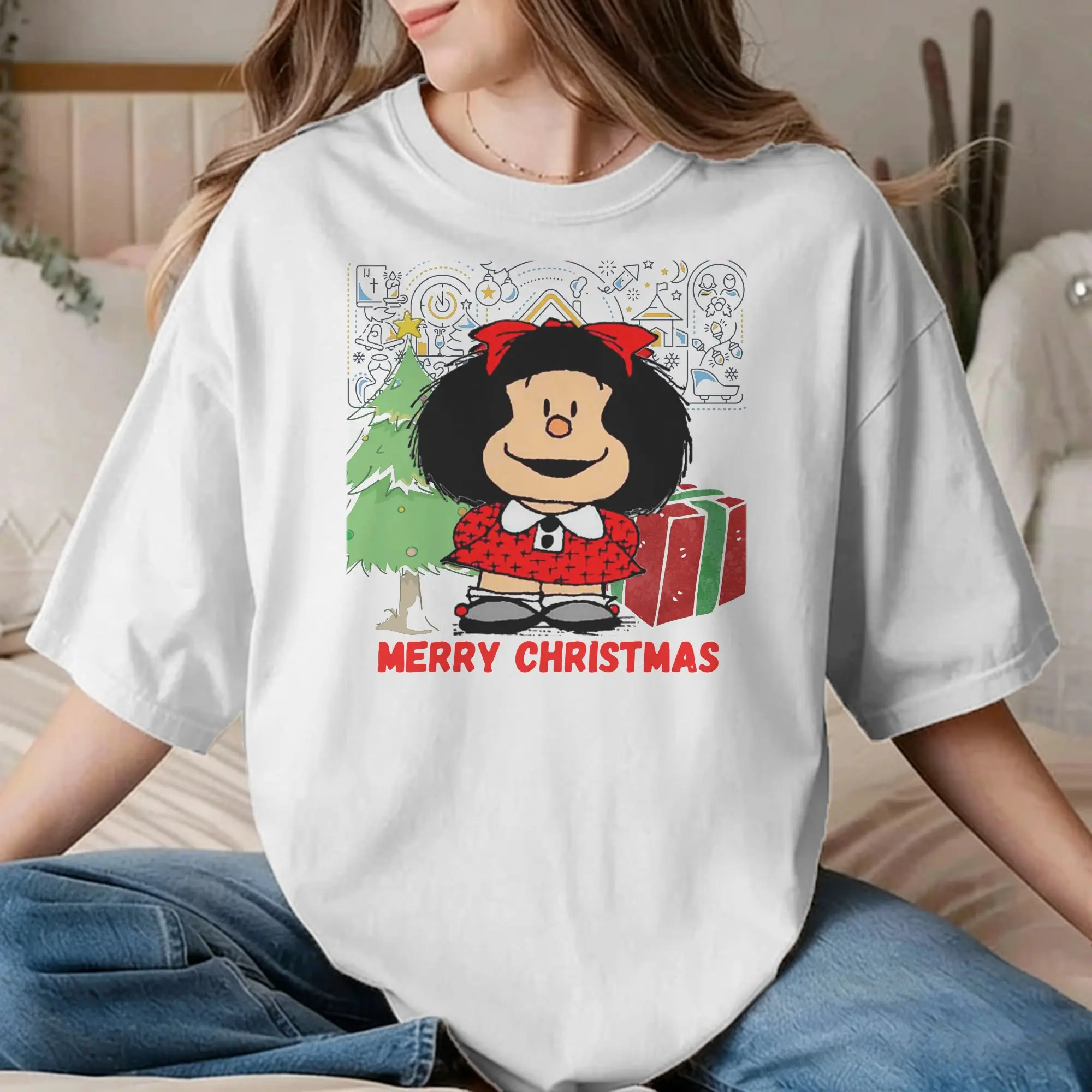 Camiseta navideña Mafalda para hombre y mujer, camisetas de dibujos animados de Quino Argentina, camisetas 100% de algodón, camisetas divertidas de manga corta con cuello redondo, camiseta de verano