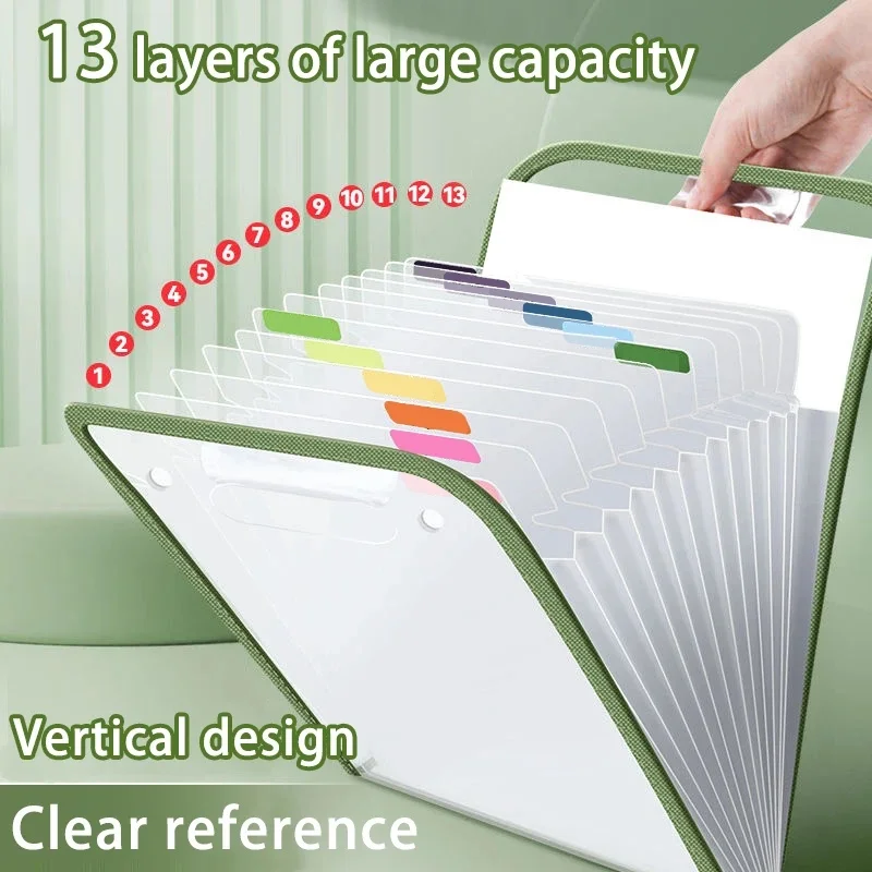 1 Pack A4 Portable Vertical Expanding File Organizer, 13-Pocket Accordion Folder, Plastic Document Bag for Student Test Papers