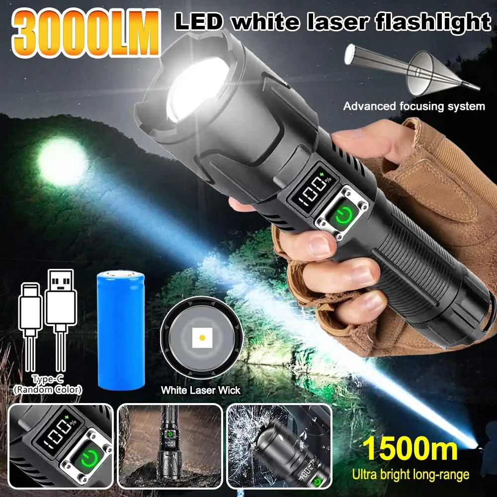 High Power LED White Laser Powerful Flashlight USB Rechargeable Flash Light 26650 Flashlights Tactical Lantern Long Shot Torch