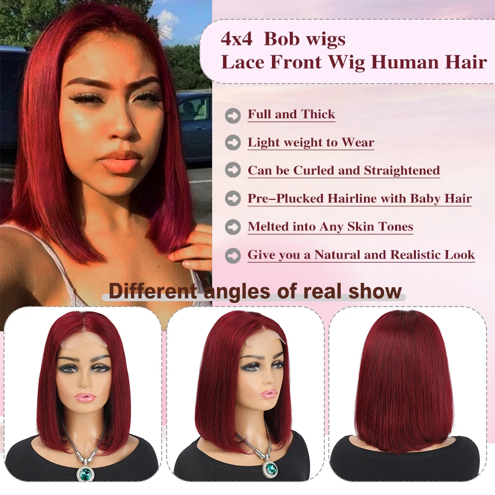 Bob Wig Straight 4x4 Burgundy Human Hair Wig 150% Density Lace Front Human Hair Pre Plucked Glueless Bob Wigs for Women