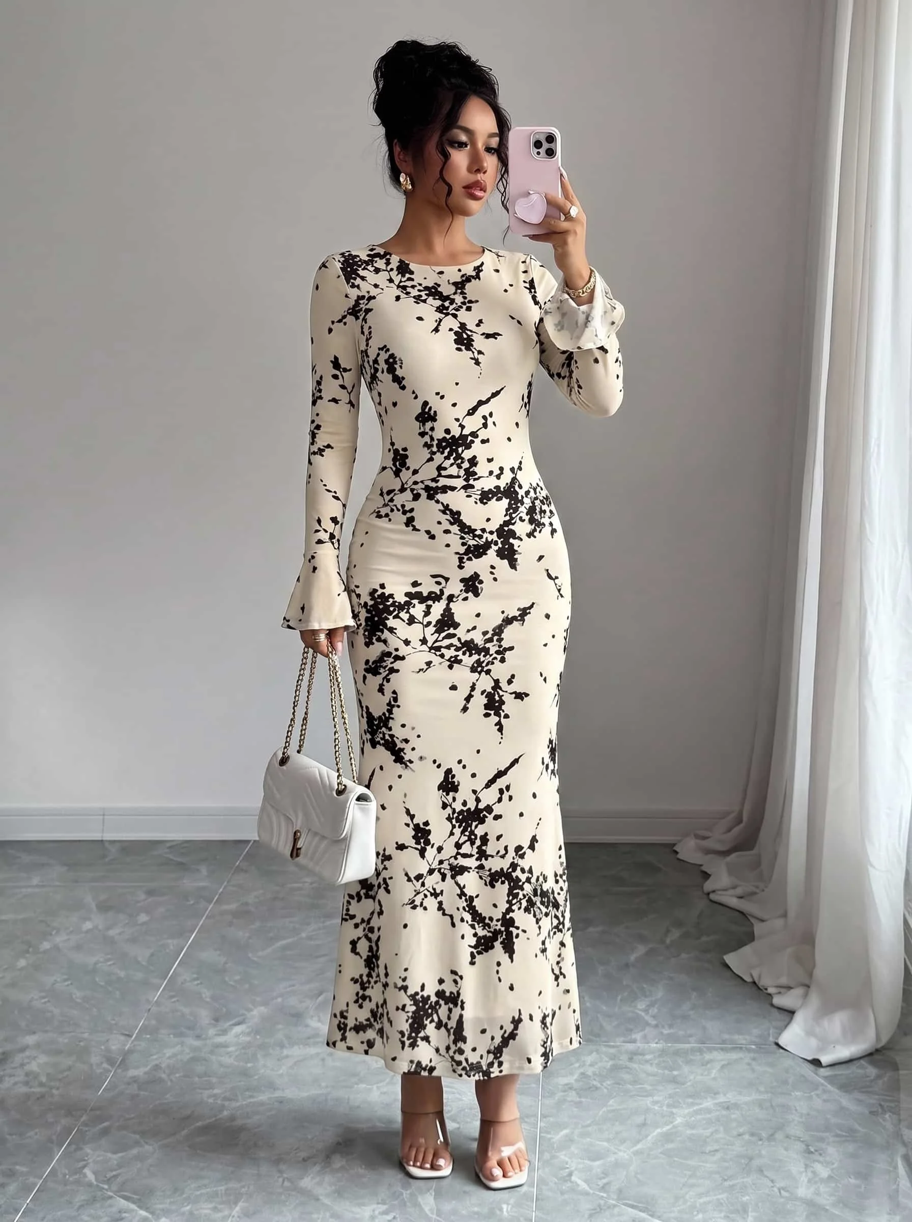Damen Mesh Langarm Blumenmuster Maxikleid mit ausgestellten Ärmeln, figurbetontes Meerjungfrauenkleid, elegantes Abendkleid für Party und Clubwear. – Detail 14