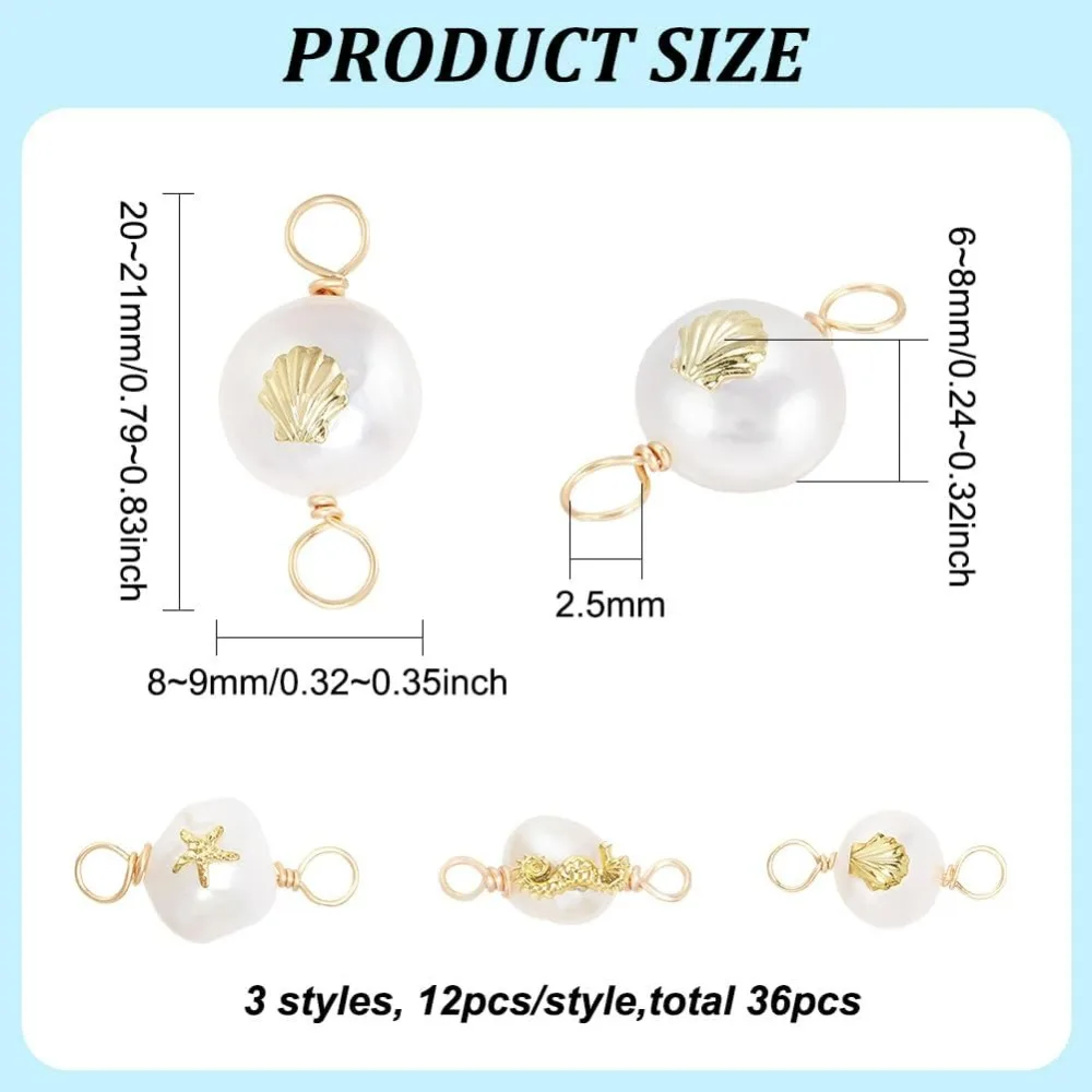 36Pcs 3 Styles Natural Freshwater Pearl Connector Charms Baroque Pearl Beads Links Charms with Golden Starfish Shell Seahorse