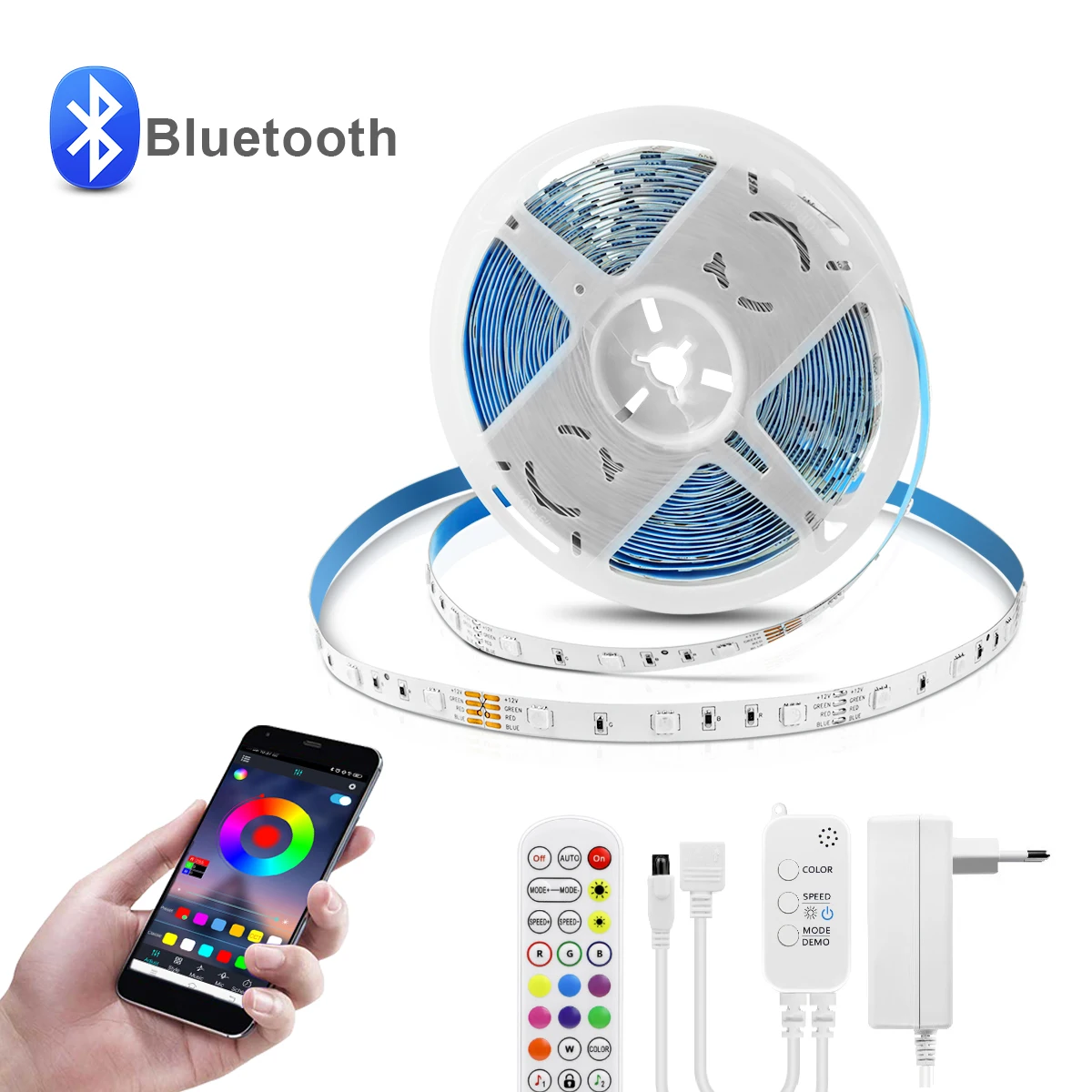 Bluetooth RGB Controller LED Strip Lamp Dimmable Smart MIC DC12V 5M 10M 15M 20M EU US Plug Diode Ribbon Flexible Led Light Tape