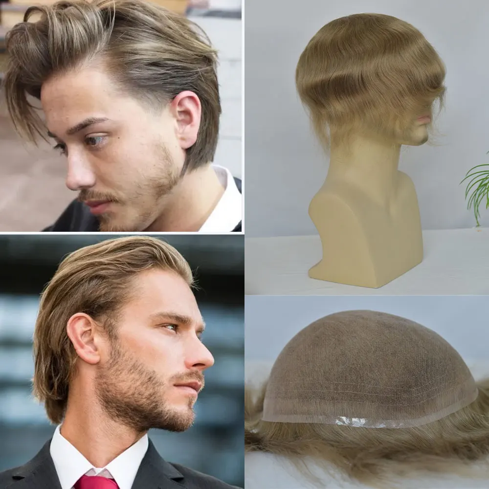 Swiss Full Lace Toupee For Men 10x8 Inch Light Brown 18# Color 100% European Remy Human Hair Replacement System Wig for Men Hair