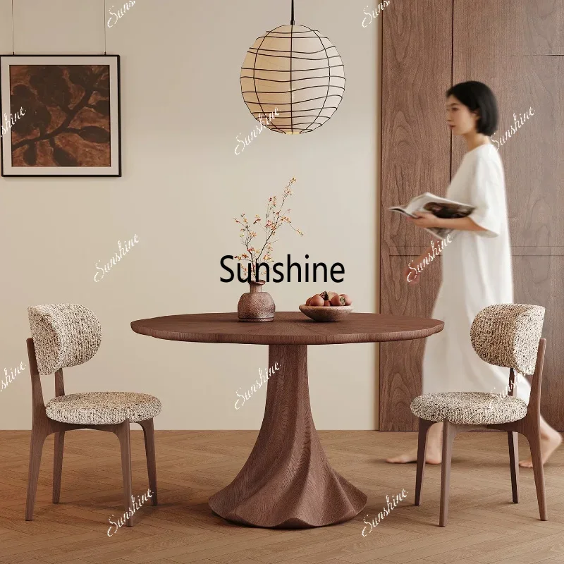 Vintage-style solid wood dining table, round small apartment, fully supported solid wood home round tableTJ
