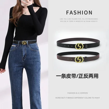 Women's new leather belt front and back dual-purpose fashion versatile decorative belt black jeans belt