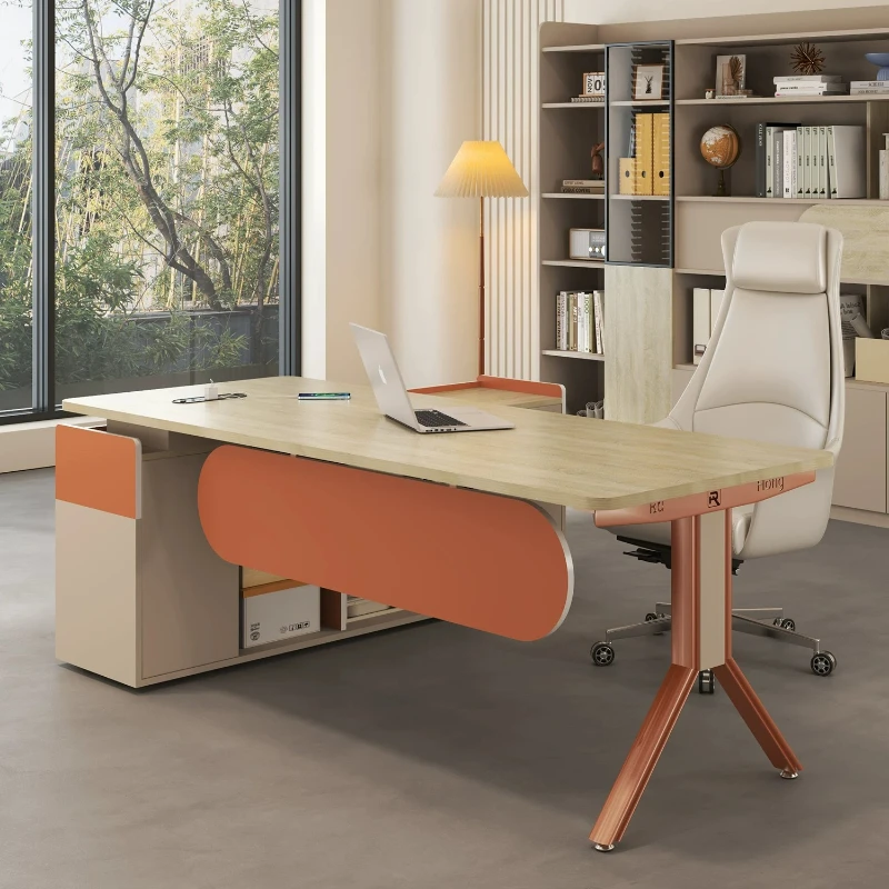 T*-Premium Modern Executive Desk with Unique Orange Accents and Side Storage, Stylish Manager Workstation*-