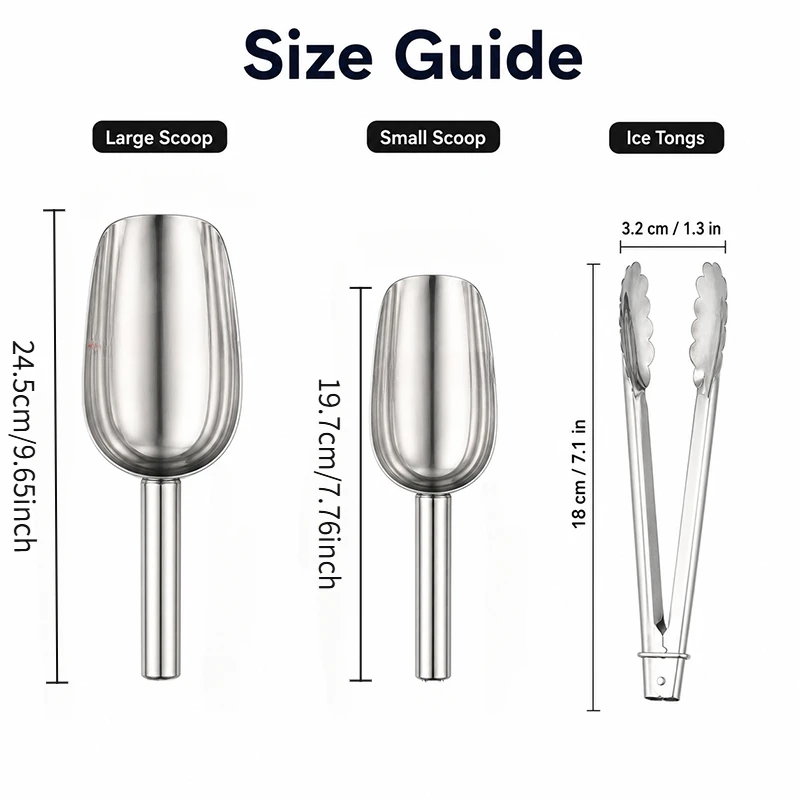 3 Piece Stainless Steel Ice Scoop Set with Two Long Handle Scoops and Tongs for Ice Flour Pet Food Jars Freezer Kitchen Use
