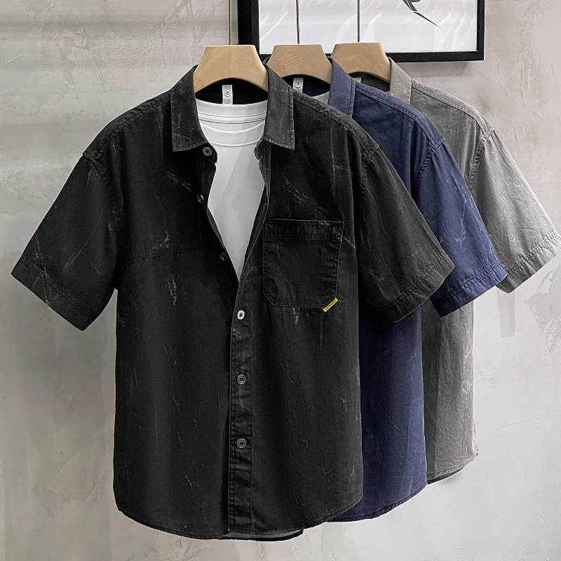 2023 New Men's Clothing Summer Short Sleeve Turtleneck Commuter Casual Fashion Solid Color Loose Pockets Button Shirt T-shirt