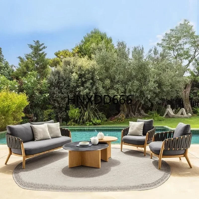 Outdoor Teak Sofa Set Rattan Coffee Table Combination for Courtyard Garden Furniture
