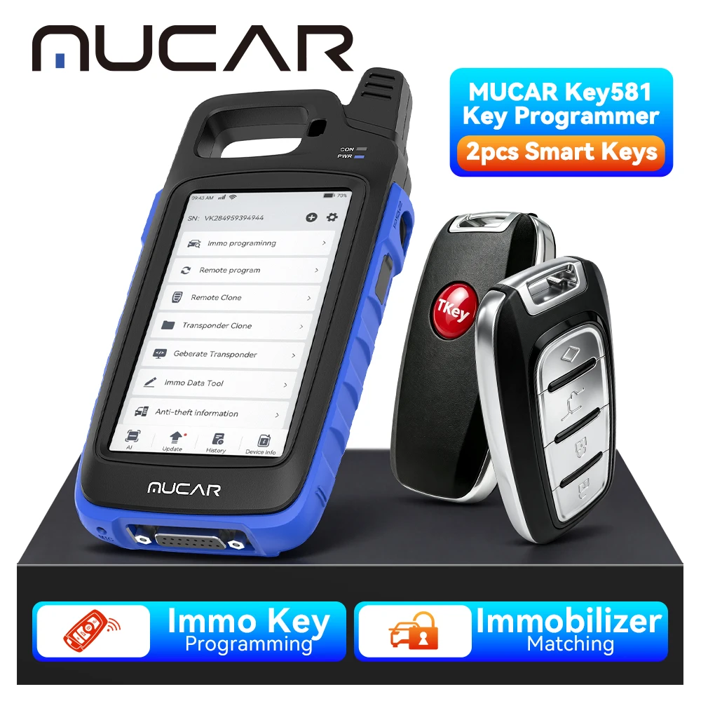 MUCAR KEY581 IMMO Schlüsselprogrammierer OBD2 Diagnosegerät mit Unterstützung für alle OBD2-Funktionen, 9 Wartungsmodi, Chip-Lesen, Schreiben und Klonen