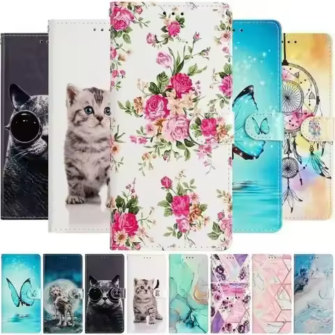 Cute Flower Painted Case For Samsung Galaxy S25 Edge S24 S23 S21 S20 FE S22 Ultra Plus Card Slot Wallet Phone Protect Coque #PBB