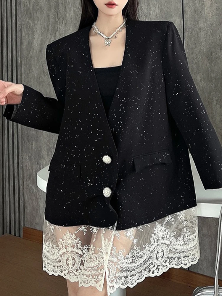 YERMORA Black Spliced Lace Hem Casual Blazer For Women V-neck Long Sleeve Loose New Jacket Fashion Tdie Spring Autumn 2025