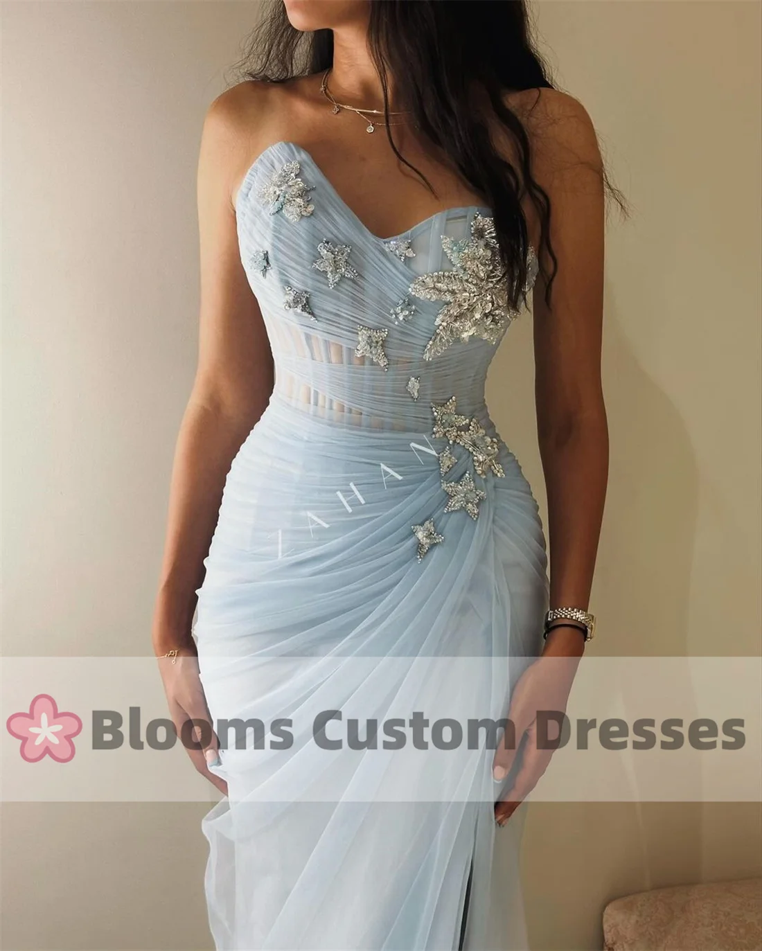 Blooms Water Blue Tulle Beaded Customized Evening Dresses For Special Occasion Saudi Pleat Party Gown Sleeveless Prom Dresses