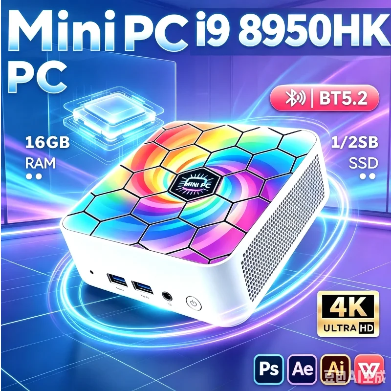 Slim Mini-Form-Factor Intel i9-8950HK PC,16GB RAM,1/2TB NVMe SSD,WiFi6,BT5.2,Solid Desktop for Household & Professional Office