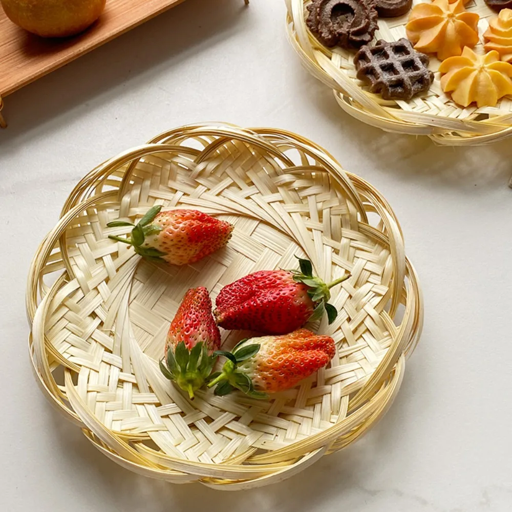 

Natural Handmade Bamboo Bread Tray Round Retro Sushi Serving Dish Japanese Woven Dessert Plate Restaurant