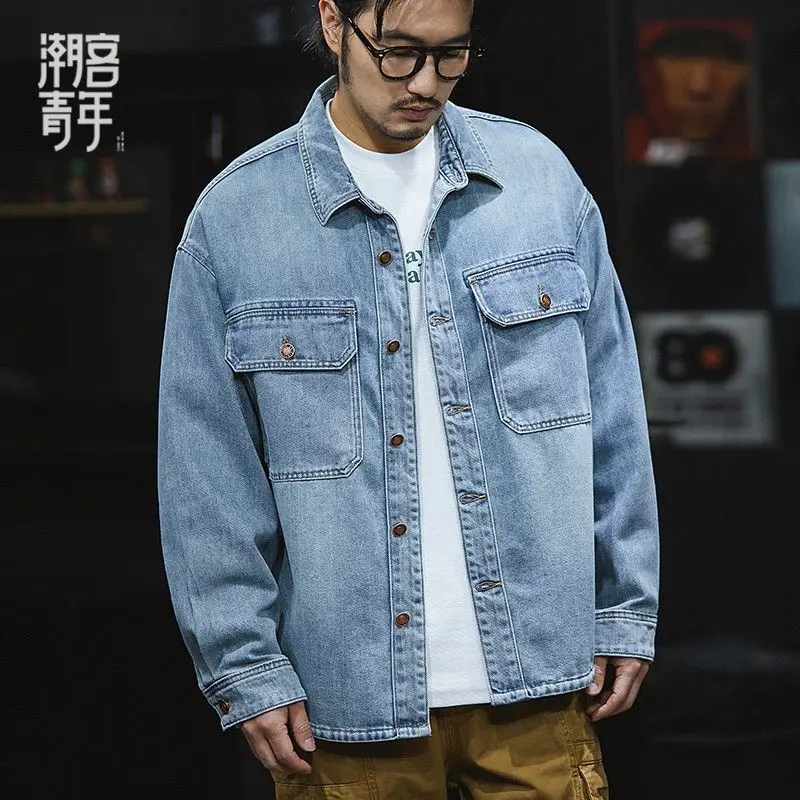 

Мужская джинсовая рубашка Fall American Sle, повседневная, длинная, из хлопка и полиэстера, комфортная верхняя одежда для молодежи, трендовая