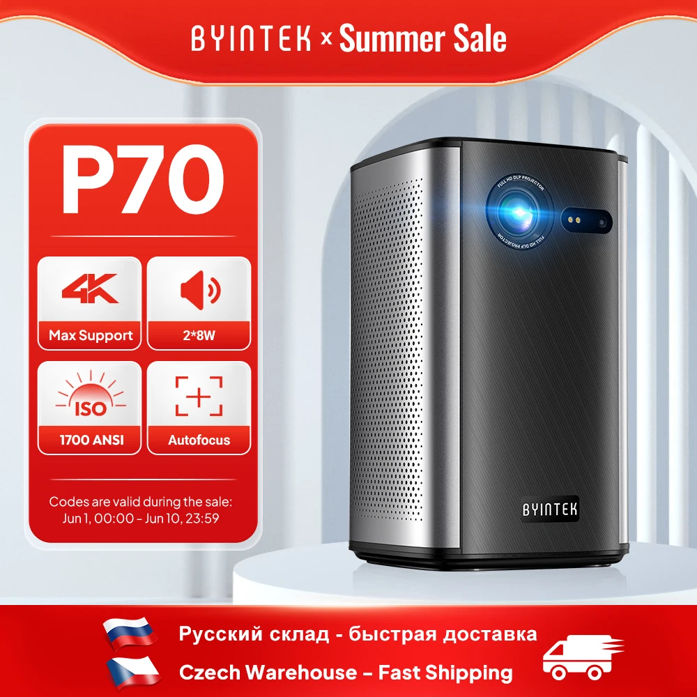 BYINTEK P70 projecteur 4K 1080P DLP Mini projecteur Portable Home cinéma intelligent Wi-Fi et Bluetooth pour les films et les jeux avec batterie