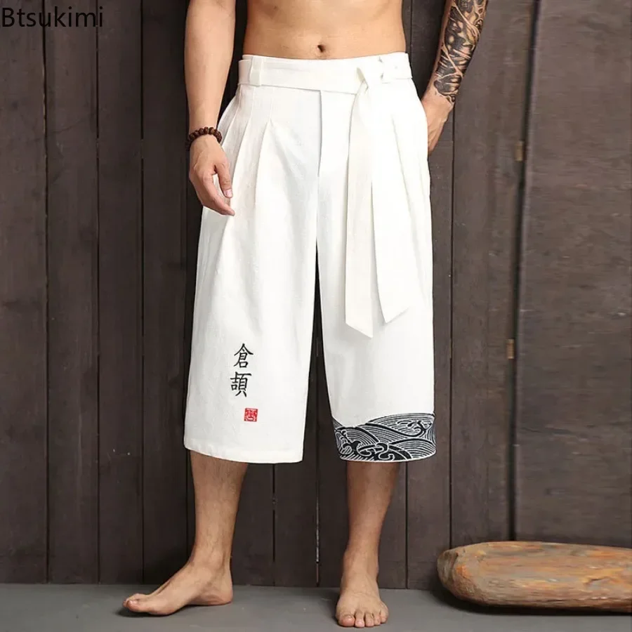 

2025 Chinese Style Men Pants Vintage Embroidered Wide Leg Pants Breathable Cotton Linen Loose Casual Calf-length Trouser for Men