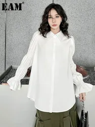 [EAM] Women White Big Size Casual Blouse New Lapel Long Lantern Sleeve Pleated Shirt Fashion Tide Spring Autumn 2024 1DH4459