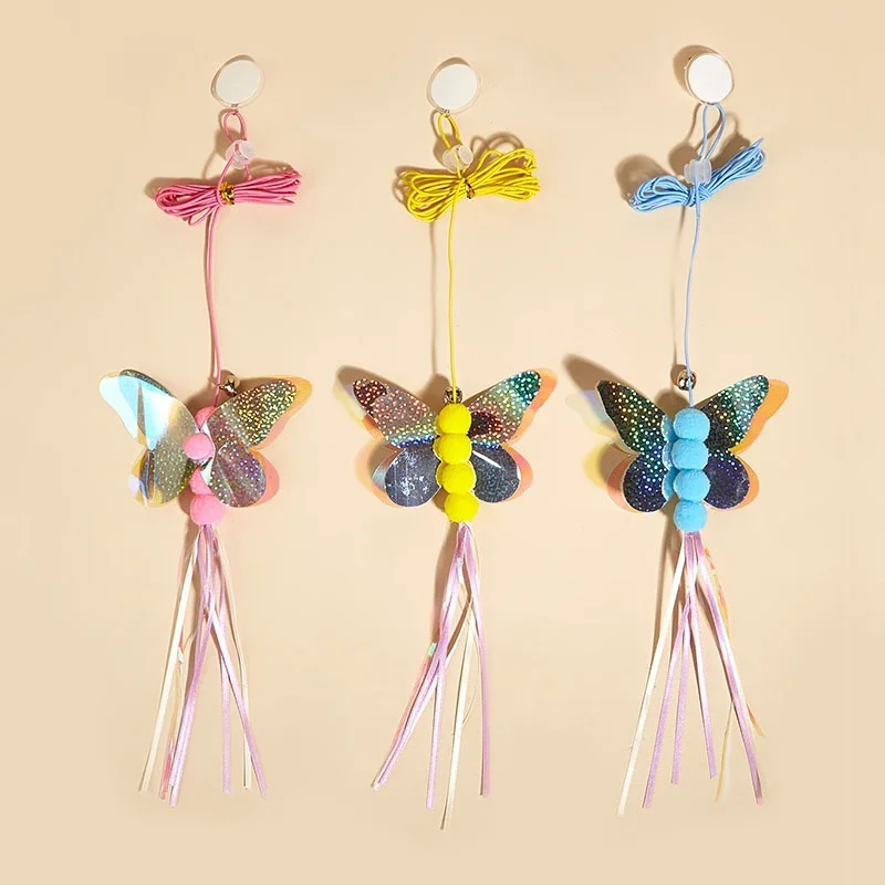 2 pçs borboleta balanço gato brinquedos interativos pendurado porta pena brinquedos para gatos provocando elástico ajustável gatos brinquedo produtos para animais de estimação