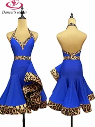 Latin Dance Dress for Women's Training Clothes Sexy Leopard Print Neck Hanging Contest Backless Irregular Fishbone Big Hem Dress