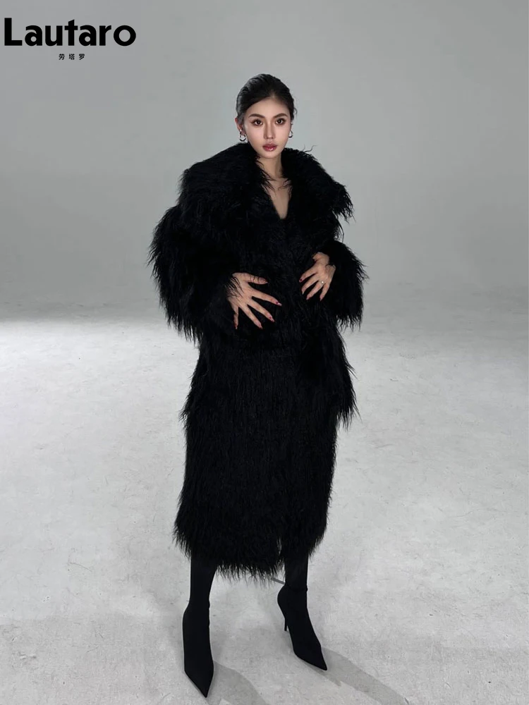 Lautaro Winter Long Black Hairy Shaggy Thick Warm Soft Fluffy Faux Fur Coat Women Sashes Luxury Designer Overcoat Runway Fashion