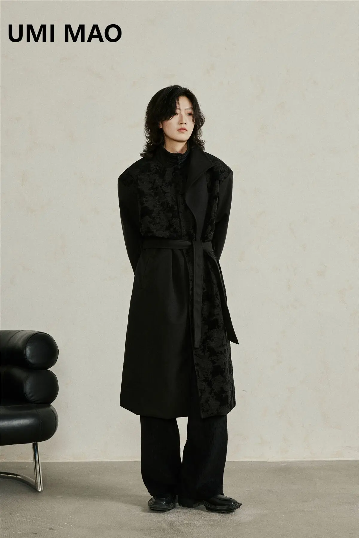 

UMI MAO Yamamoto Dark Jacket Unique Design Sense New Chinese Jacquard Velvet Spliced Belt Long Woolen Coat Female Overcoat Y2K