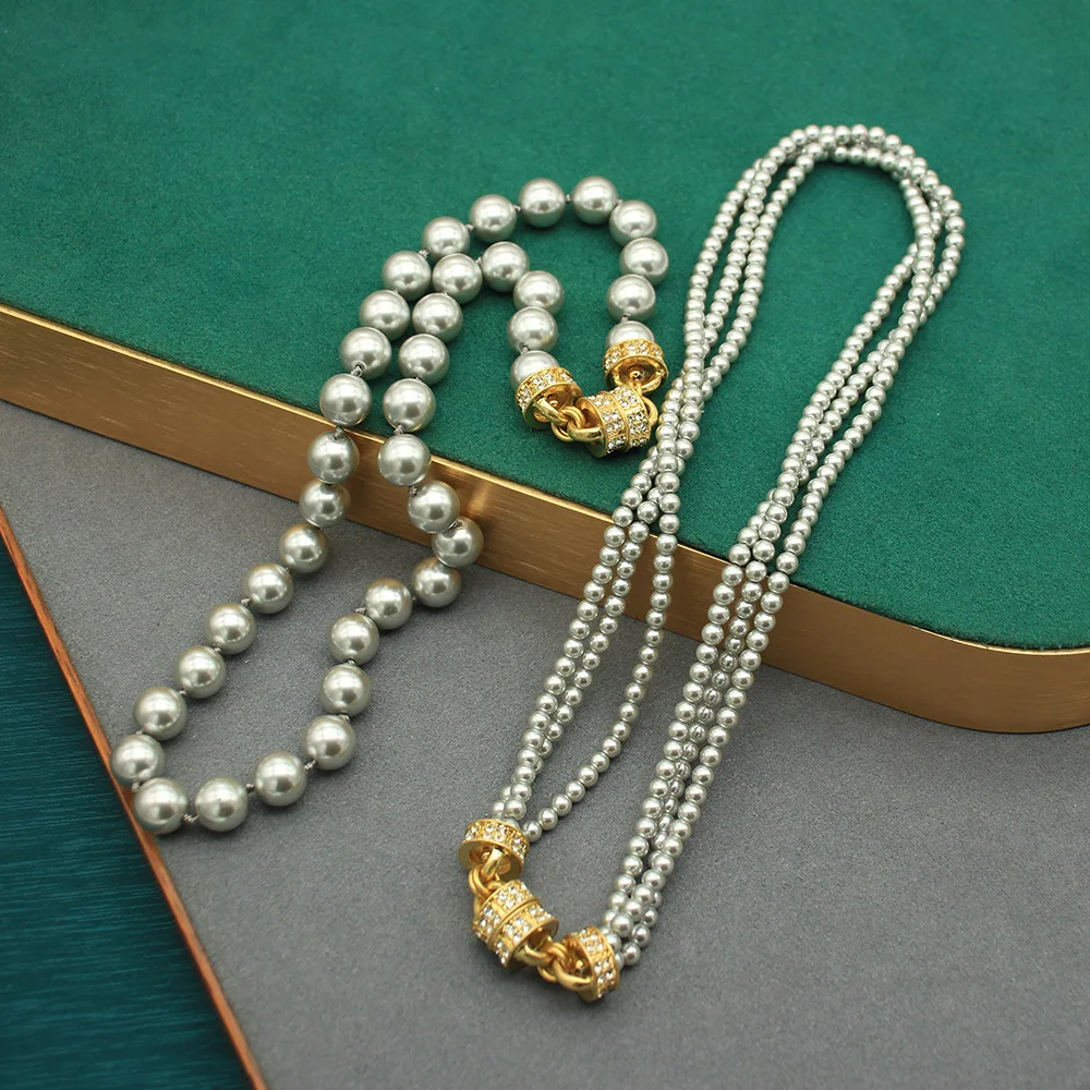 Multi-layered Pearl Necklace Gray Real Hemp Glass Pearl Necklace Hand-strung