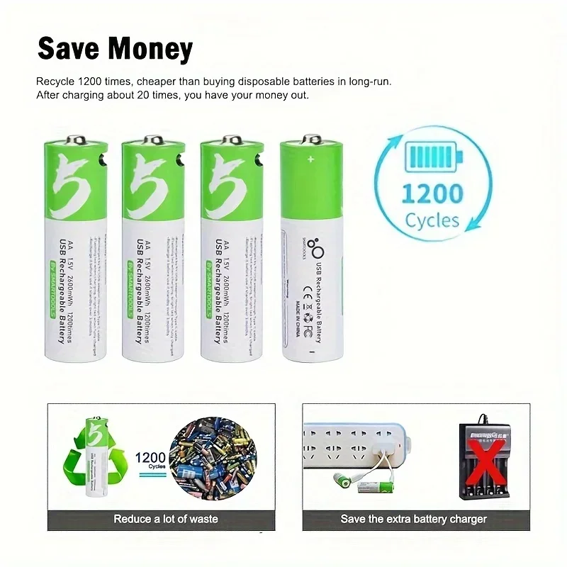 4-16PCS AA 1.5V 2600mWh Capacity Rechargeable Batteries Suitable for Remote Control Mouse Small Fan Electric Toys + Type-C Cable
