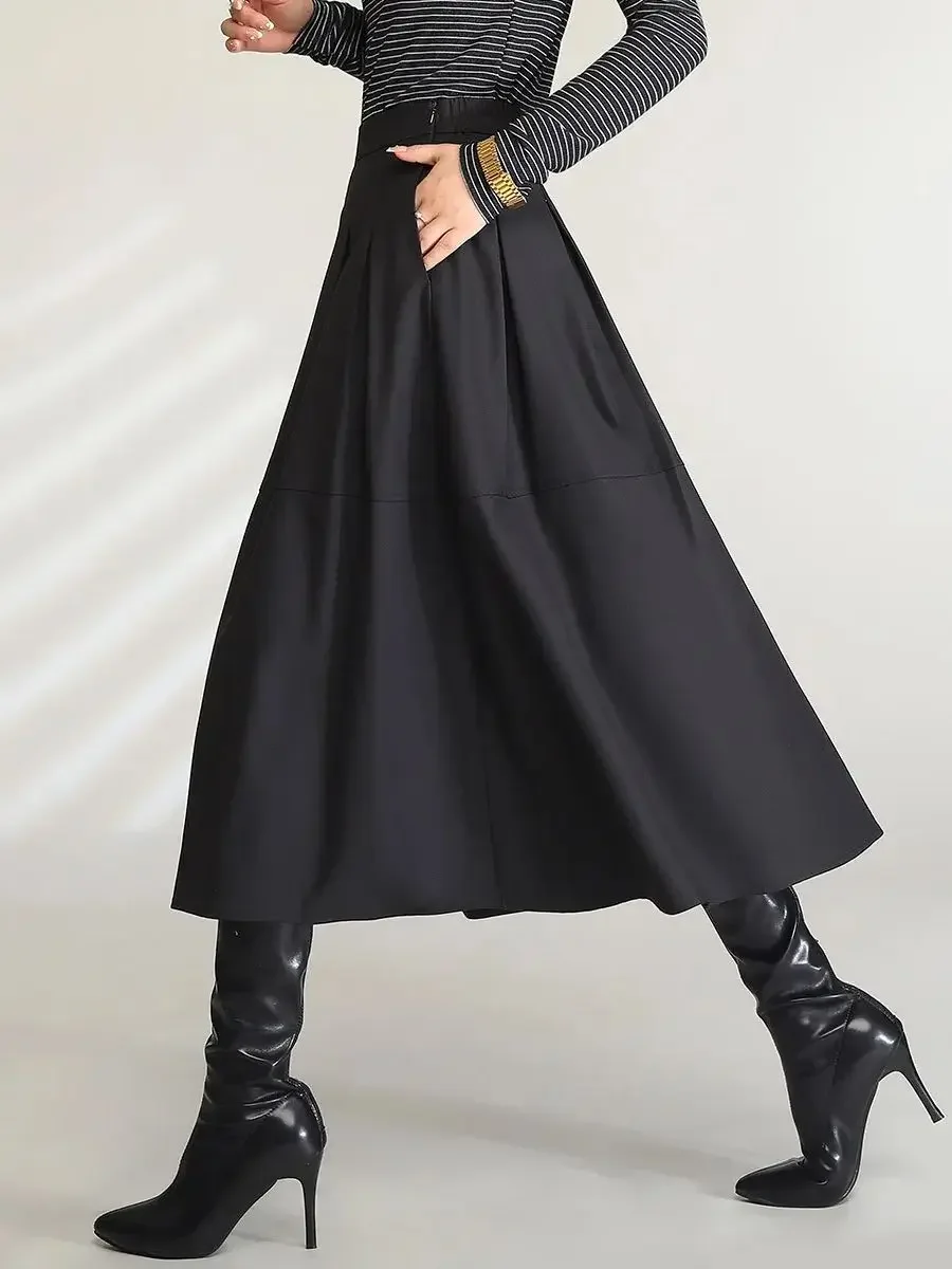 LOUIS YAO Women Elegant Black Midi Skirts 2024 High Waist Commuting Casual A Line Umbrella Long Skirt with Slit and Pockets