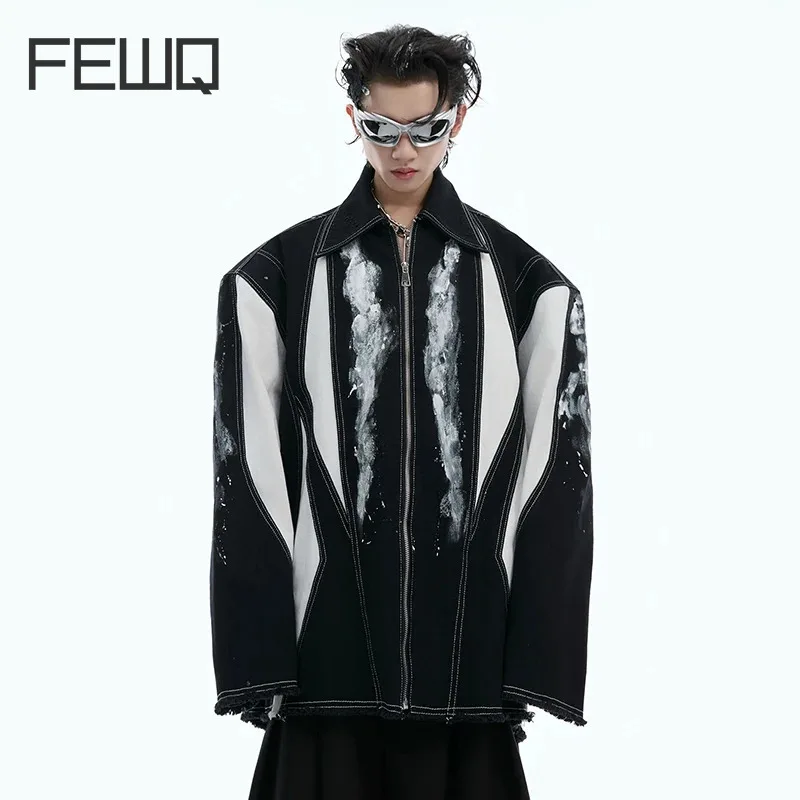 

FEWQ Fashion Men's Jackets Casual Patchwork Graffiti Shoulder Pads Contrast Color Loose Lapel Zipper Male Coats Trendy 24E2350