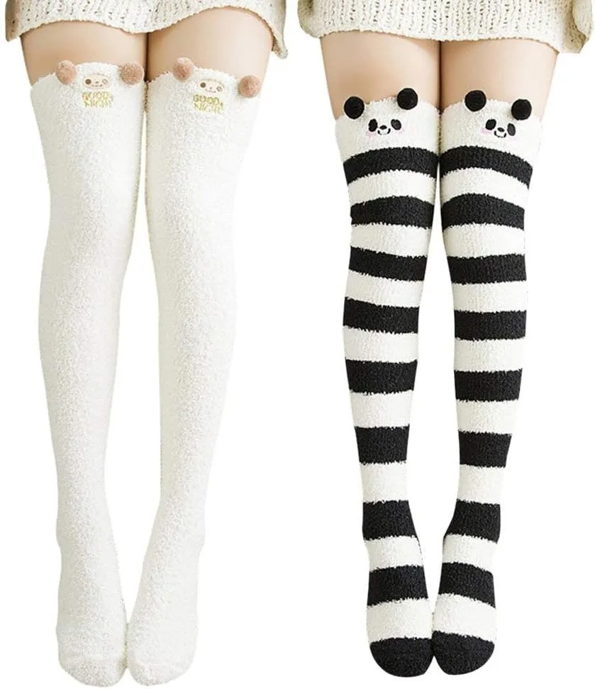 

1 Pair Womens Over Knee High Fuzzy Socks Cute Cartoon Thigh High Stockings Warm Stripe Leg Warmers Winter Socks