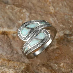 Female White Opal Stone Ring Boho Vintage Wedding Engagement Jewelry For Women