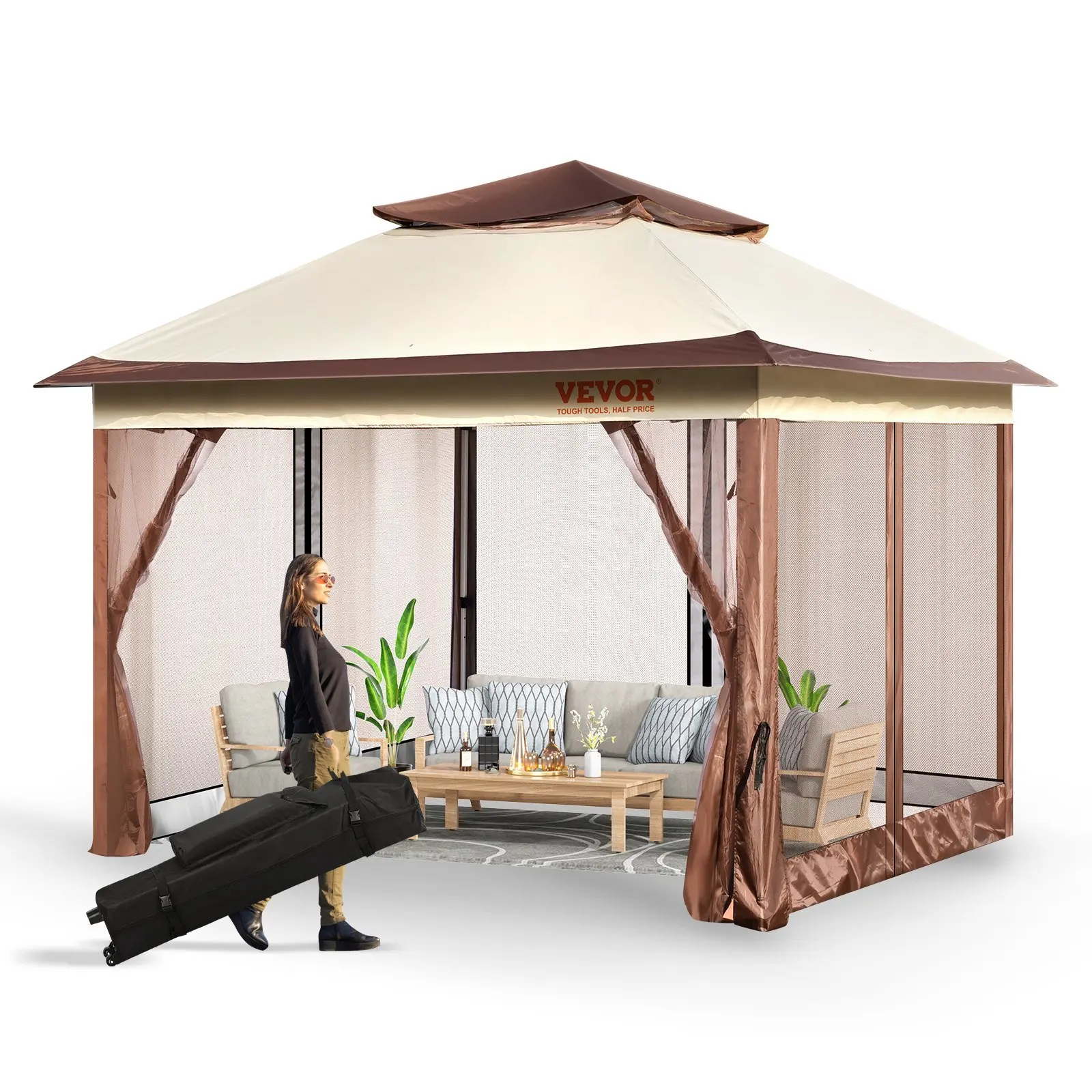 Patio Gazebo, 11 x 11 FT Pop up Gazebo for 8-10 Person, with Mosquito Netting, Metal Frame, and PU Coated 250D Oxford Cloth, Out