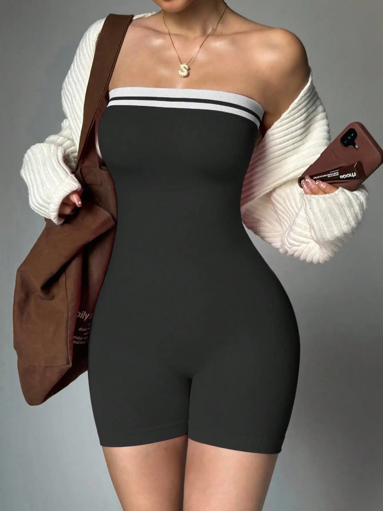 Conjunto de chica picante sin tirantes a rayas para mujer, adelgazante y adelgazante sin costuras, ajustado, abrazando la cadera, jum deportivo y informal