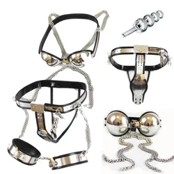 3PCS Set Female Stainless Steel Silicone Chastity Belt Panties Vaginal Plug BDSM Bondage Bra Underwear Thigh Cuffs Sex Toy Women